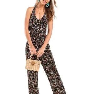 Mi Ami floral Black Jumpsuit with V-Neck and Wide-Leg Design SZ medium